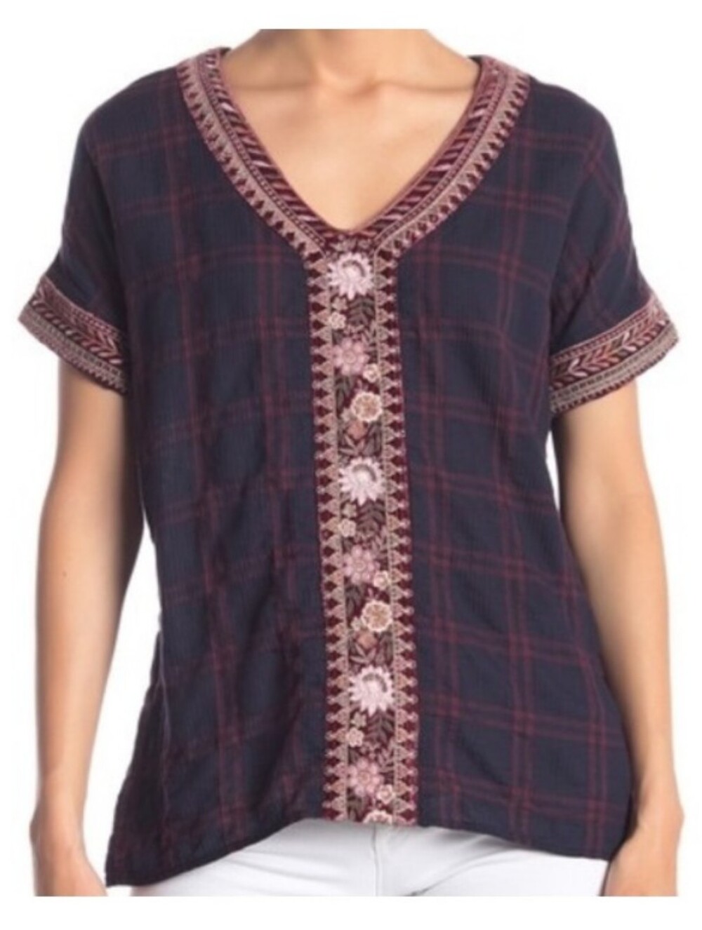 Johnny Was Girls' Navy Plaid Top with Burgundy Embroidered Trim M -L